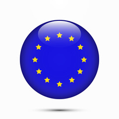 EU European Union flag vector circle shape button. Clear circle isolated EU flag background button. Transparent glossy glass button. Vector Illustration
