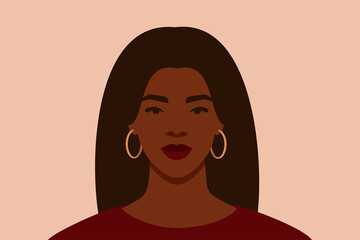 Strong Black woman with long hair looks directly. Confident young woman with brown skin portrait front view. Vector illustration.