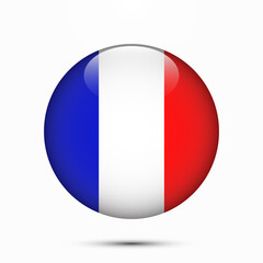 France flag vector circle shape button. Clear circle isolated France flag background button. Transparent glossy glass button. Vector Illustration