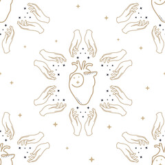 Vector Hands Holding Heart Lineart in Star Shape on White seamless pattern background. Perfect for fabric, wallpaper and scrapbooking projects.