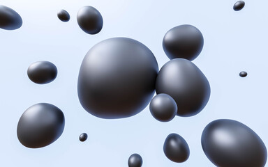 black abstract bubbles in space on blue background 3d render illustration