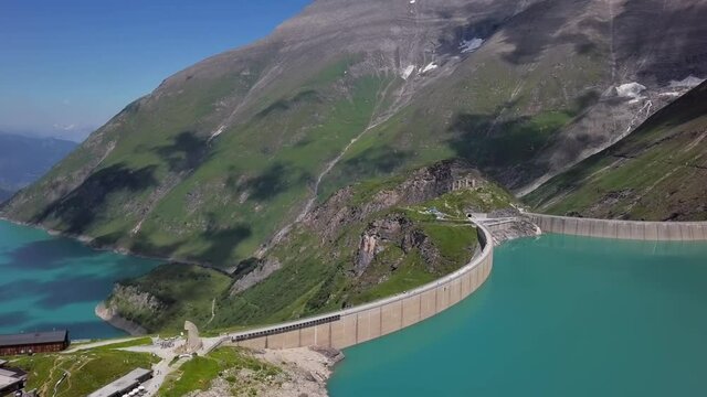 Aerial panorama of Kaprun high mountain reservoirs Mooserboden Stausee and Wasserfallboden in the Hohe Tauern, Salzburger land, Austria.