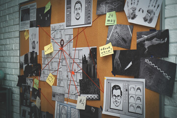 Detective board with stickers, photos, map and clues connected by red string on white brick wall - Powered by Adobe