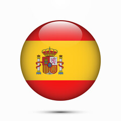 Obraz premium Spain flag vector circle shape button. Clear circle isolated Spain flag background button. Transparent glossy glass button. Vector Illustration