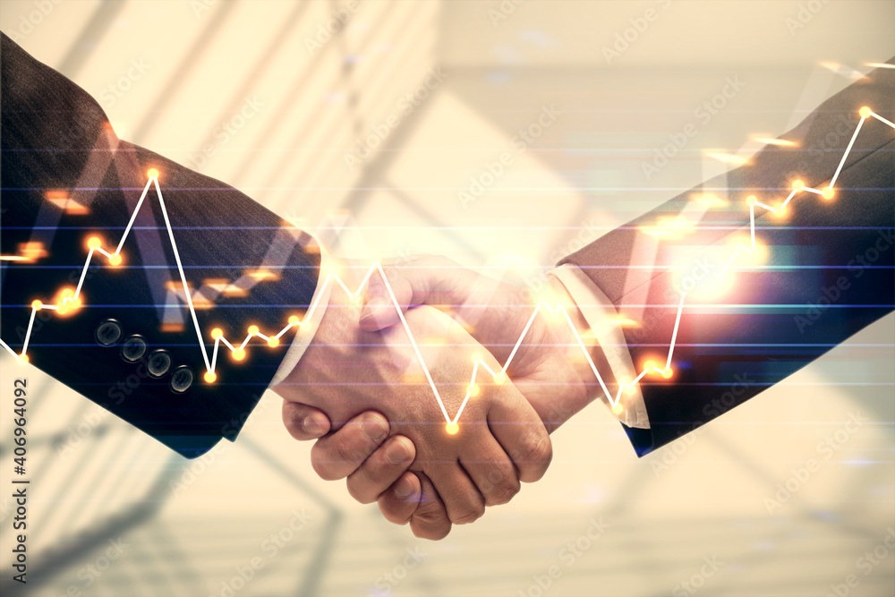 Wall mural double exposure of forex graph hologram and handshake of two men. stock market concept.