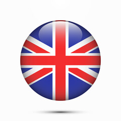 UK GB flag United Kingdom of Great Britain flag vector circle shape button. Clear circle isolated UK flag background button. Transparent glossy glass button. Vector Illustration