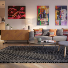 Modern Furnishings and Art Panintings Inside an Apartment - detailed 3d visualization