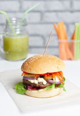 vegetarian burger, burger with soy patty, healthy eating, delicious, hamburger, burger, food, sandwich, beef, cheeseburger, cheese,  lunch, snack, dinner