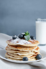 stack of pancakes with blueberries, pancake, breakfast, food, pancakes, dessert, sweet, stack, blueberry, berry, fruit, plate, syrup, meal, honey, fresh, homemade, crepes, cake, morning, butter, delic