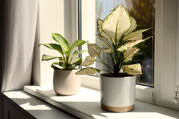 Exotic houseplants with beautiful leaves on window sill at home