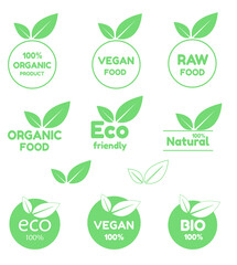 Organic natural bio labels set icon, healthy foods badges, fresh eco vegetarian food.