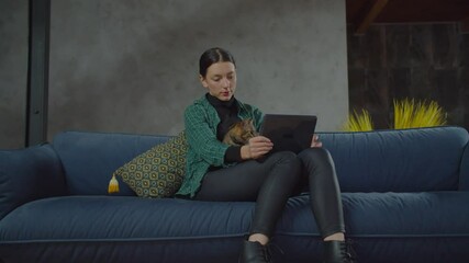 Positive happy charming female relaxing on couch, browsing online social media content on digital tablet and stroking cute shorthair tabby cat while spending leisure with pet in domestic room.