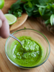 Fresh mint cilantro lime sauce -   green healthy dip with fresh herbs.