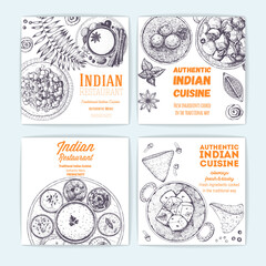Indian food vintage design template. Banners collection. Vector illustration hand drawn linear art. Indian Cuisine restaurant menu. Hand drawn sketch.