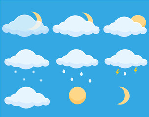 Weather icons pack. Cartoon Icons for weather with sun, moon  and cloud.