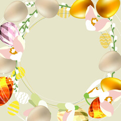 Easter template with eggs, flowers and festive symbols of spring holiday.