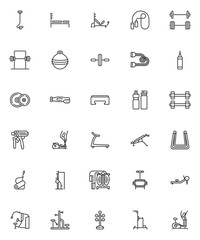 Fototapeta premium Gym equipment line icons set. linear style symbols collection, outline signs pack. Fitness, sports equipment vector graphics. Set includes icons as barbell, dumbbell, gym machine, elliptical trainer
