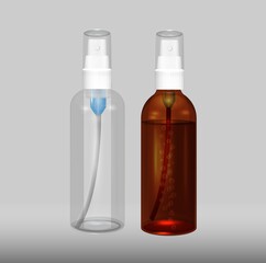 Mockup of realistic glossy clear glass, PET, brown for cosmetic soap, shampoo, cream, dropper for oil skin care product background illustration and spray bottle with white cap.