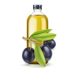 Olive Oil glass bottle. Realistic black olives branch leaves. Extra virgin olive oil mockup design, natural organic cosmetics, healthcare product isolated on white background. Vector illustration.