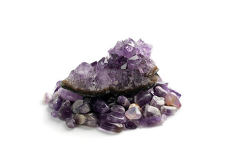 Amethyst crystals isolated. Purple quartz pebbles and crystal