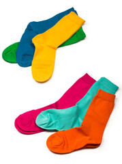 Colorful sock on the white background, top view
