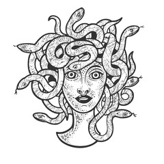 Medusa Gorgo head with snakes sketch engraving vector illustration. T-shirt apparel print design. Scratch board imitation. Black and white hand drawn image.