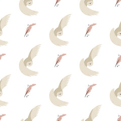 Seamless pattern with cute flying owls and feathers