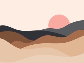Wavy landscape in a minimalistic style. Sunset landscape with hills. Red sun. Boho decor for prints, posters and interior design. Mid Century modern decor. Trend style. Vector illustration