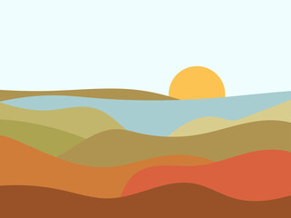 View of the sea from the mountains in a minimalistic style. Seascape in a flat style. Wavy landscape boho decor. Mid Century modern decor. Vector illustration