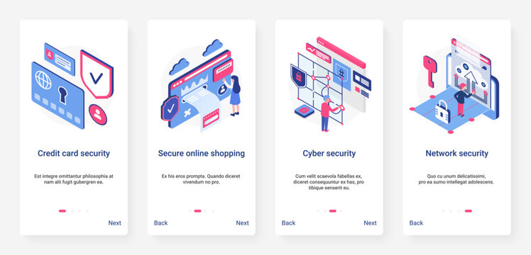 Isometric cyber security network digital technology vector illustration. UX, UI onboarding mobile ap