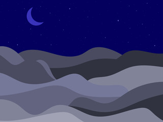 Night landscape in a minimalistic style. Crescent moon in the starry sky. Boho decor for prints, posters and interior design. Mid Century modern decor. Vector illustration