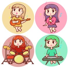 kawaii girl band character, singer, drummer, pianist and guitarist bundle