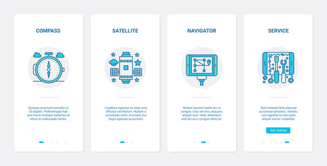 Gps navigation service technology vector illustration. UX, UI onboarding mobile app page screen set with line geocaching travel adventure equipment to navigate, compass navigator satellite symbols