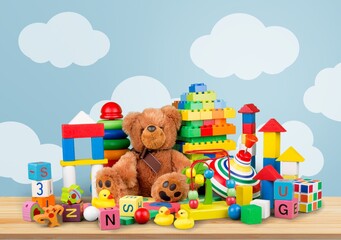 Many colorful toys collection on the desk