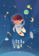 Naklejka premium Holiday card design. Baby shower. A little astronaut floating around in open space, among stars, planets, and comets.