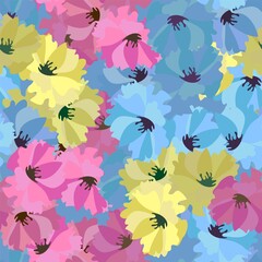 Fototapeta na wymiar Seamless background of blue, pink and yellow flowers.