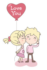 Vector of cute boy and girl loving couple with heart balloon.