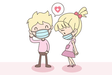 Vector celebratioin of cute boy and girl loving couple. Valentine's and Covid-19 concept.