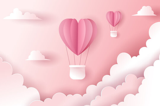 Vector celebratioin of hot air heart ballons. Valentine's concept.