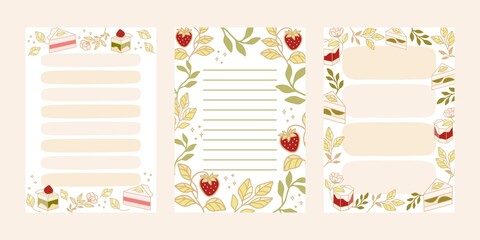 To do list, notepad templates with hand drawn cake and strawberry elements