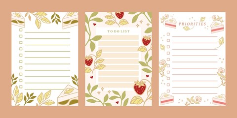 To do list, daily planner, notepad templates, bullet journal with hand drawn cake and strawberry elements