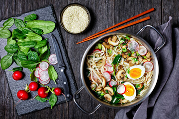 Udon noodle soup with spinach, radish, boiled eggs