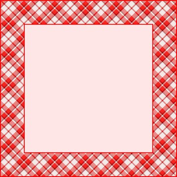 square card frame for photo, invitation, diploma, certificate with fabric texture border of red and white Valentine day colors  gingham, tartan ornament