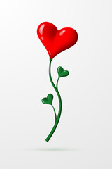 A beautiful flower in the form of a bright red heart with a green stem. Vector illustration.