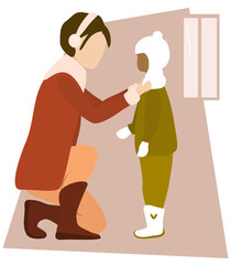 Mom going to walk with her child. Single parent concept. Isolated vector illustration. Multi-ethnic family