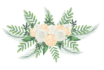 Watercolor peach and white rose bouquet with eucalyptus leaves. Hand drawn spring illustration for wedding invitation, greeting cards and other DIY projects.