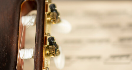 Guitar fretboard and peg on blurred notes background closeup