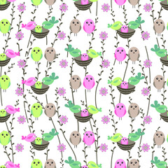 Seamless  easter pattern with nests and birds