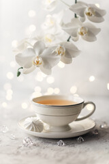 Fototapeta na wymiar Cozy home spring breakfast still life. A porcelain cup of hot green tea with a marshmallow dessert on a gray background is decorated with a flowering branch of a white otchid. Spring concept. 