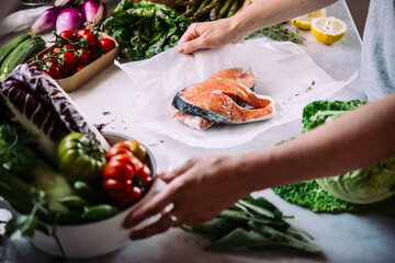 Vegetables and salmon